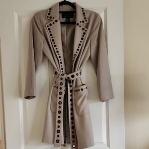 Yansi Fugel Taupe Wrap Trench Coat with Black Grommet Detailing